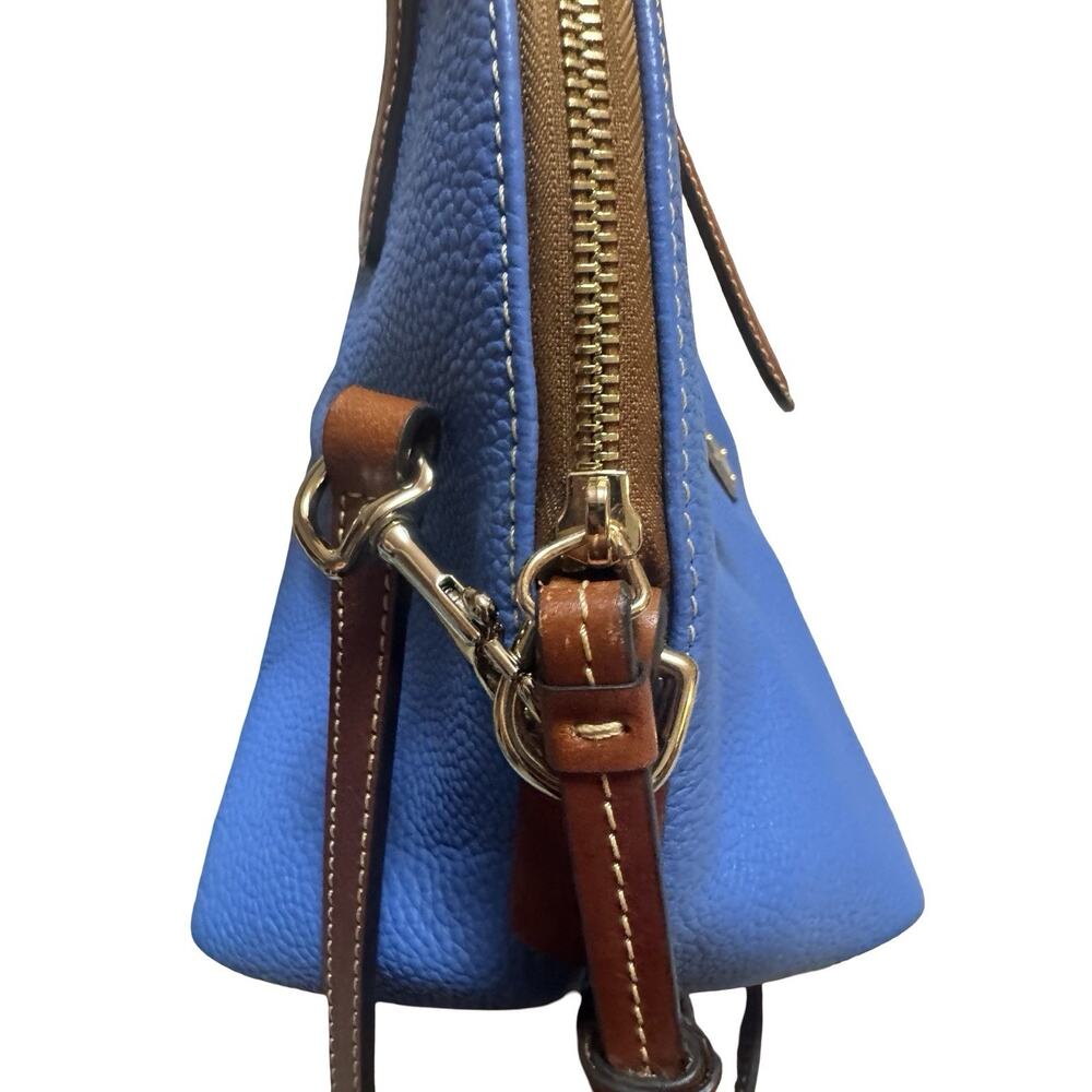 Dooney & Bourke Audrey Large Satchel Blue Pebble Leather Brown Trim Shoulder Bag - Picture 3 of 10